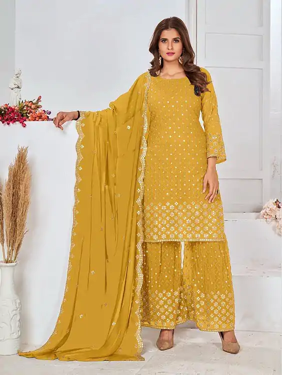 FC 5609 Yellow Color Cute Light Green Color Georgette Embroidery Stone Sharara Suit Wedding, Party, Festive Expected Delivery 4-6 Working Days  @2199/- | Casual Suits, Jump Suits, Creative suits, Designer Suits, Palazzo Suits, Party Wear Suits, Patiala Suits, Salwar suit, Straight Suits