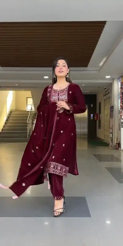 ZF 343 Maroon Color Viscose Velvet Embroidery Salwar Suit Casual, Wedding, Party, Events Etc. Expected Delivery 4-6 Working Days 1899/- | Casual Suits, Jump Suits, Creative suits, Designer Suits, Palazzo Suits, Party Wear Suits, Patiala Suits, Salwar suit, Straight Suits