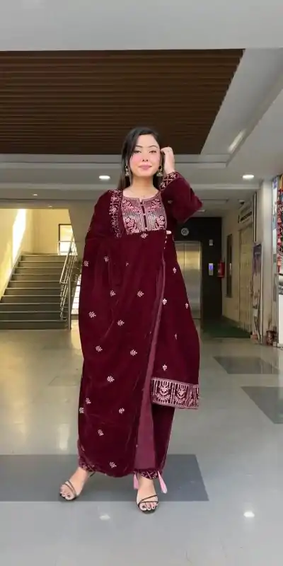 ZF 343 Maroon Color Viscose Velvet Embroidery Salwar Suit Casual, Wedding, Party, Events Etc. Expected Delivery 4-6 Working Days 1899/- | Casual Suits, Jump Suits, Creative suits, Designer Suits, Palazzo Suits, Party Wear Suits, Patiala Suits, Salwar suit, Straight Suits