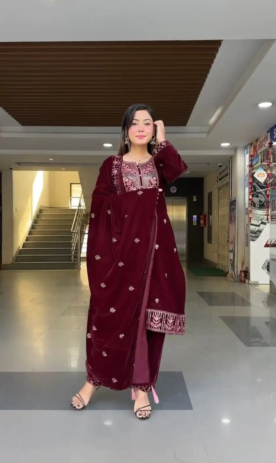 ZF 343 Maroon Color Viscose Velvet Embroidery Salwar Suit Casual, Wedding, Party, Events Etc. Expected Delivery 4-6 Working Days 1899/- | Casual Suits, Jump Suits, Creative suits, Designer Suits, Palazzo Suits, Party Wear Suits, Patiala Suits, Salwar suit, Straight Suits