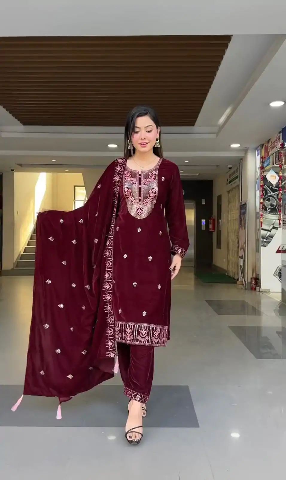 ZF 343 Maroon Color Viscose Velvet Embroidery Salwar Suit Casual, Wedding, Party, Events Etc. Expected Delivery 4-6 Working Days 1899/- | Casual Suits, Jump Suits, Creative suits, Designer Suits, Palazzo Suits, Party Wear Suits, Patiala Suits, Salwar suit, Straight Suits