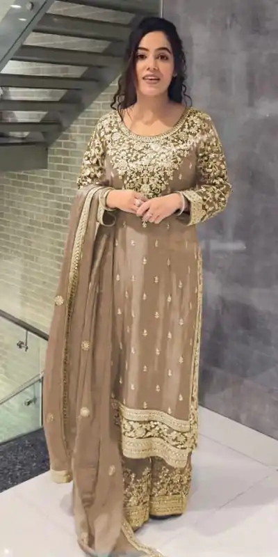 SSR 477 Cream Color Chinnon Silk Embroidery Sequence Salwar Suit Wedding, Party, Festive, Events Expected Delivery 4-6 Working Days @ 2099/- | Casual Suits, Jump Suits, Creative suits, Designer Suits, Palazzo Suits, Party Wear Suits, Patiala Suits, Salwar suit, Straight Suits