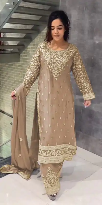 SSR 477 Cream Color Chinnon Silk Embroidery Sequence Salwar Suit Wedding, Party, Festive, Events Expected Delivery 4-6 Working Days @ 2099/- | Casual Suits, Jump Suits, Creative suits, Designer Suits, Palazzo Suits, Party Wear Suits, Patiala Suits, Salwar suit, Straight Suits