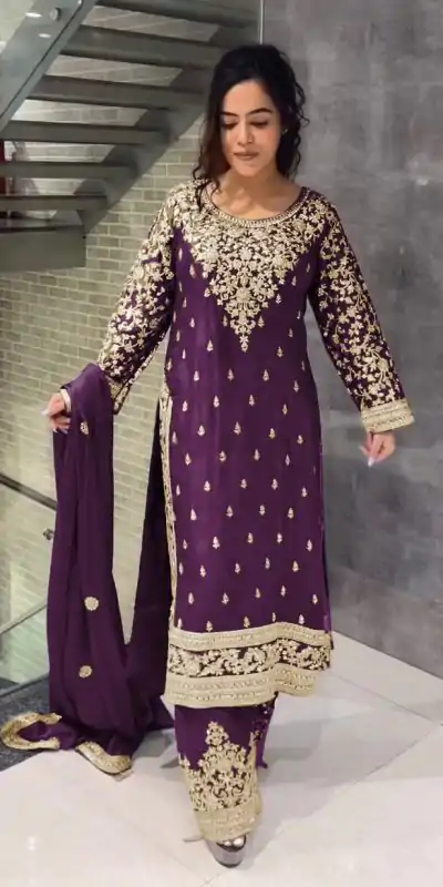 SSR 477 Purple Color Chinnon Silk Embroidery Sequence Salwar Suit Wedding, Party, Festive, Events Expected Delivery 4-6 Working Days @ 2099/- | Casual Suits, Jump Suits, Creative suits, Designer Suits, Palazzo Suits, Party Wear Suits, Patiala Suits, Salwar suit, Straight Suits
