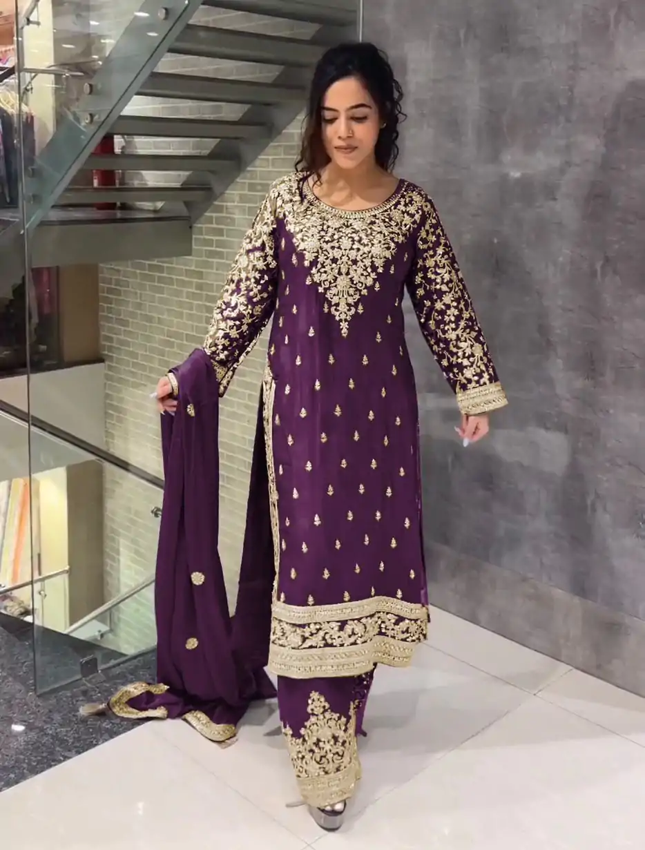 SSR 477 Purple Color Chinnon Silk Embroidery Sequence Salwar Suit Wedding, Party, Festive, Events Expected Delivery 4-6 Working Days @ 2099/- | Casual Suits, Jump Suits, Creative suits, Designer Suits, Palazzo Suits, Party Wear Suits, Patiala Suits, Salwar suit, Straight Suits