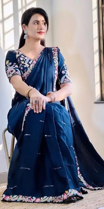 BT 3107 Blue Color Rangoli Silk Beautiful Embroidery Saree Casual, Party Wear, Traditional Wear, Wedding Wear, Events Etc.@1799/- | Bollywood Sarees, Creative Sarees, Designer Sarees, Ethnic Saree, Modern Digital sarees, Party Wear Sarees, Sarees