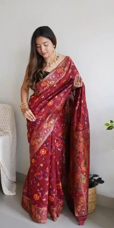 DDF 504 Maroon Color Kashmiri Running Thread Zari Work Saree Casual, Party Wear, Events, Festivals Etc. Expected Delivery 4-6 Working Days 2499/- | Bollywood Sarees, Creative Sarees, Designer Sarees, Embroidered Sarees, Ethnic Saree, Modern Digital sarees, Party Wear Sarees, Sarees