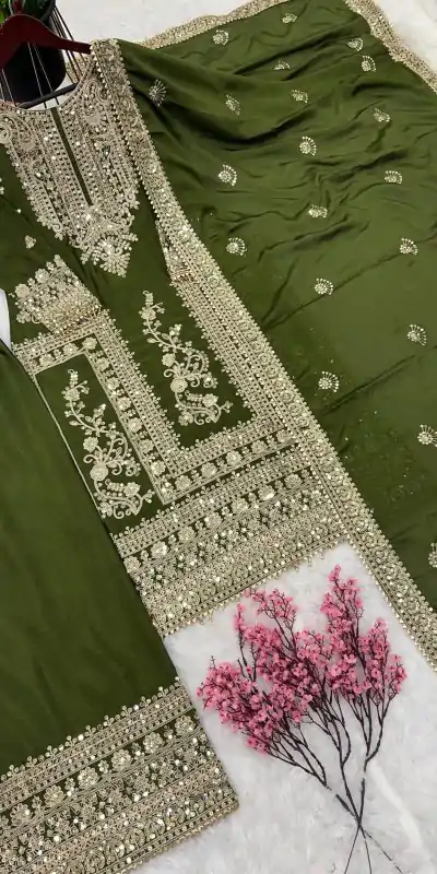 SRK 5146 Mehndi Color Pure Chinnon Silk Embroidery Coding Dori Salwar Suit Wedding, Party, Festive, Events Expected Delivery 4-6 Working Days @ 2199/- | Casual Suits, Jump Suits, Creative suits, Designer Suits, Palazzo Suits, Party Wear Suits, Patiala Suits, Salwar suit, Straight Suits