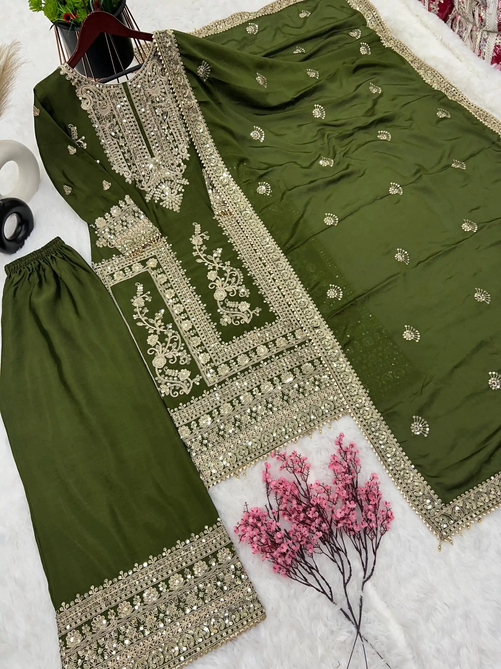 SRK 5146 Mehndi Color Pure Chinnon Silk Embroidery Coding Dori Salwar Suit Wedding, Party, Festive, Events Expected Delivery 4-6 Working Days @ 2199/- | Casual Suits, Jump Suits, Creative suits, Designer Suits, Palazzo Suits, Party Wear Suits, Patiala Suits, Salwar suit, Straight Suits