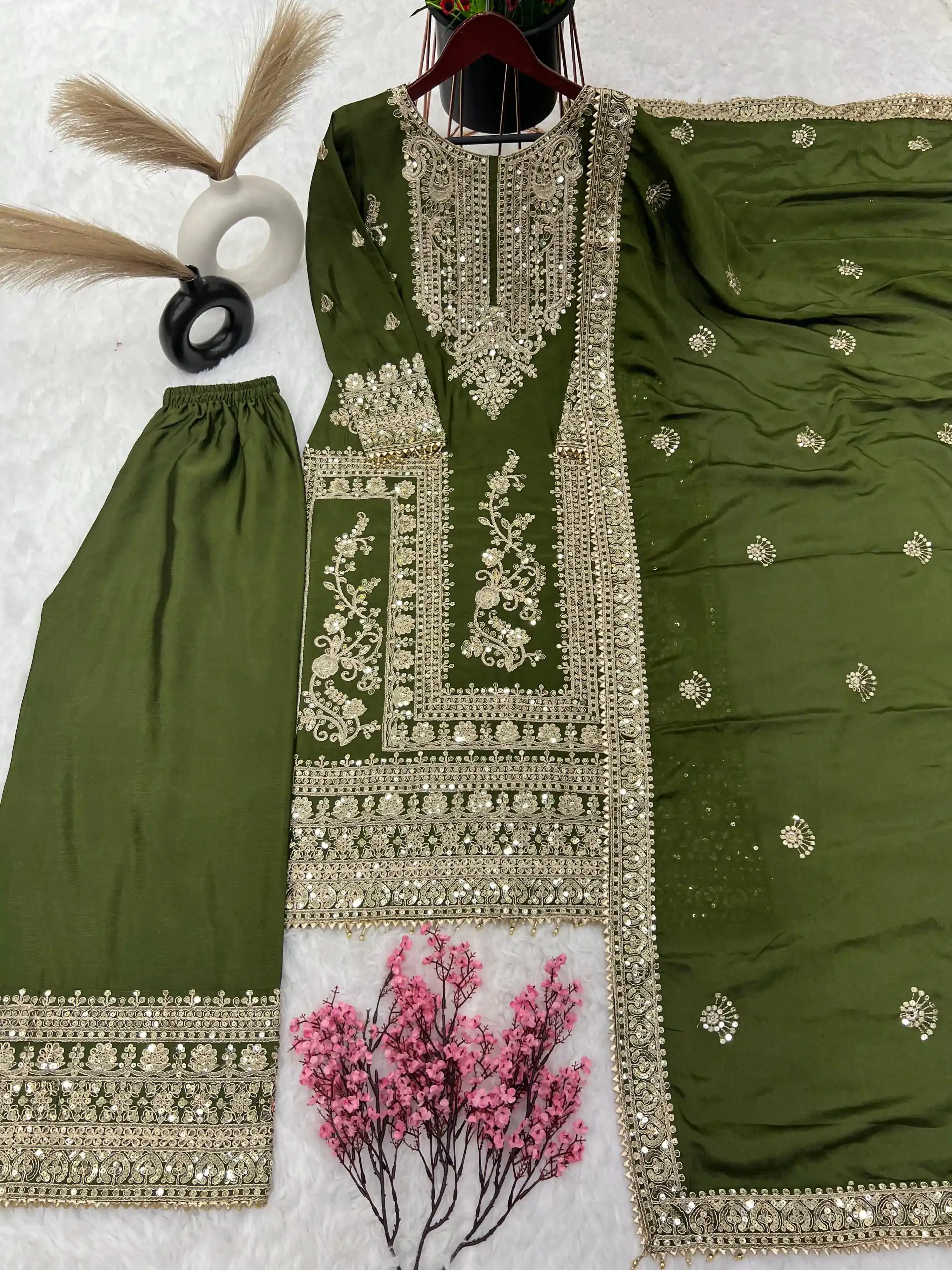 SRK 5146 Mehndi Color Pure Chinnon Silk Embroidery Coding Dori Salwar Suit Wedding, Party, Festive, Events Expected Delivery 4-6 Working Days @ 2199/- | Casual Suits, Jump Suits, Creative suits, Designer Suits, Palazzo Suits, Party Wear Suits, Patiala Suits, Salwar suit, Straight Suits