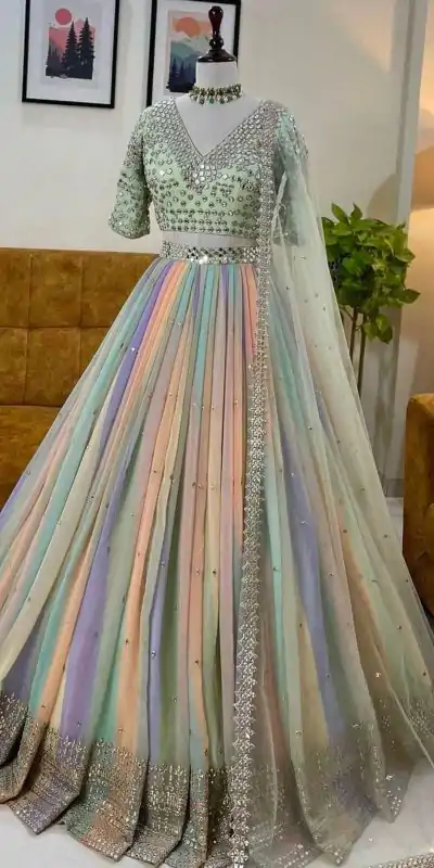 MF169 Multi Color Georgette Digital Printed Embroidery Lehenga Choli Casual, Wedding, Festive, Events Expected Delivery 4-6 Working Days @2449/- | Bollywood Lehenga, Creative Lehenga, Designer Lehenga, Embroidered Lehenga, Lehenga, Party Wear Lehenga