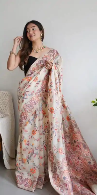 DDF 504 White Color Kashmiri Running Thread Zari Work Saree Casual, Party Wear, Events, Festivals Etc. Expected Delivery 4-6 Working Days 2499/- | Bollywood Sarees, Creative Sarees, Designer Sarees, Embroidered Sarees, Ethnic Saree, Modern Digital sarees, Party Wear Sarees, Sarees