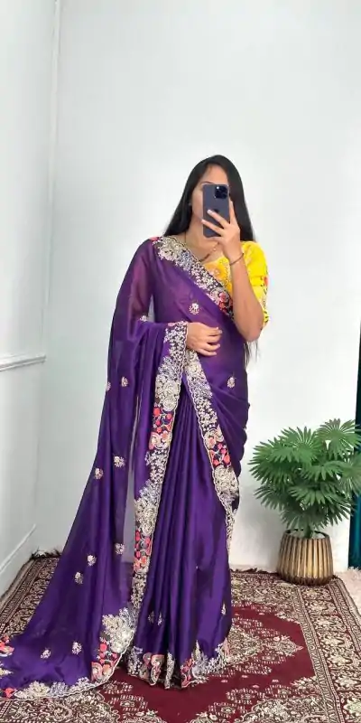 ST 466 Violet Color Blooming Rangoli Thread Embroidery Saree Casual, Wedding, Party, Festive, Events Etc. Expected Delivery 4-6 Working Days @1999/- | Embroidered Sarees, Bollywood Sarees, Creative Sarees, Designer Sarees, Ethnic Saree, Modern Digital sarees, Party Wear Sarees, Sarees