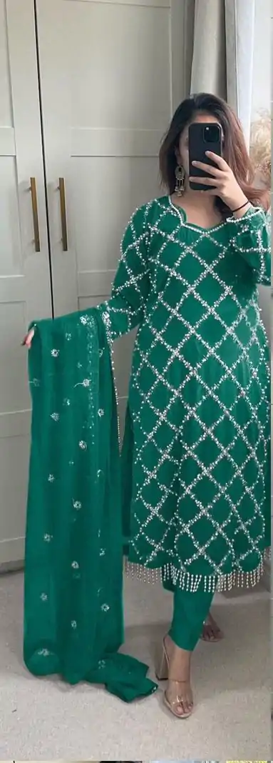 MF 409 Green Color Georgette Embroidered Hand Work Salwar Suit Wedding, Party, Festive, Events Etc. Expected 4-6 Working Days @2149/- | Casual Suits, Jump Suits, Creative suits, Designer Suits, Palazzo Suits, Party Wear Suits, Patiala Suits, Salwar suit, Straight Suits