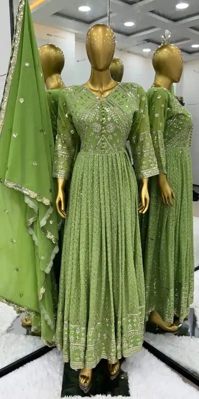 SR 1628 Green Color Georgette Embroidery Sequence Gown Casual, Wedding, Party, Festive, Events Etc. Expected Delivery 4-6 Working Days @2499/- | Bollywood Gowns, Creative Gowns, Designer Gowns, Embroidered Gowns, Gowns, Party Wear Gowns