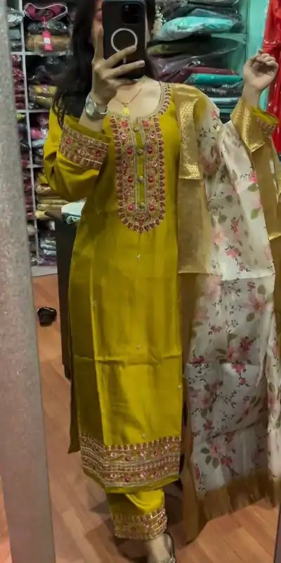 AD 164 Yellow Color Chinon Silk Embroidery Work Sharara Suit Casual, Wedding, Party, Festive, Events Etc. Expected Delivery 4-6 Working Days @1949/- | Casual Suits, Jump Suits, Creative suits, Designer Suits, Palazzo Suits, Party Wear Suits, Patiala Suits, Salwar suit, Straight Suits