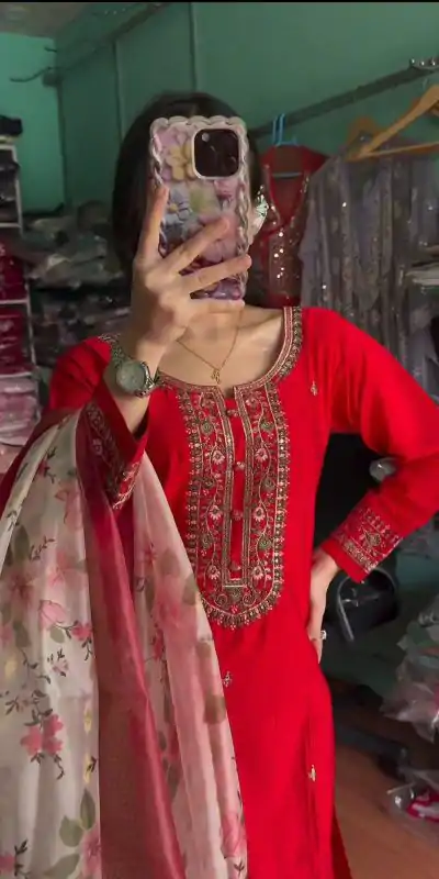 AD 164 Red Color Chinon Silk Embroidery Work Sharara Suit Casual, Wedding, Party, Festive, Events Etc. Expected Delivery 4-6 Working Days @1949/- | Casual Suits, Jump Suits, Creative suits, Designer Suits, Palazzo Suits, Party Wear Suits, Patiala Suits, Salwar suit, Straight Suits