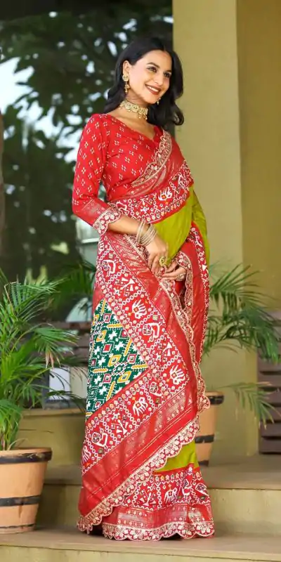 BT 1240 Parrot Green Color Rich Ikkat Pallu Embroidery Saree Casual, Party Wear, Traditional Wear, Wedding Wear, Events Etc.@2099/- | Bollywood Sarees, Creative Sarees, Designer Sarees, Ethnic Saree, Modern Digital sarees, Party Wear Sarees, Sarees