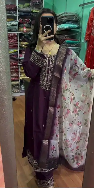 SR 1622 Purple Color Chinnon Silk Embroidery Sharara Suit Wedding, Party, Festive, Events Etc. Expected Delivery 4-6 Working Days @1949 | Casual Suits, Creative suits, Designer Suits, Palazzo Suits, Party Wear Suits, Salwar suit, Straight Suits