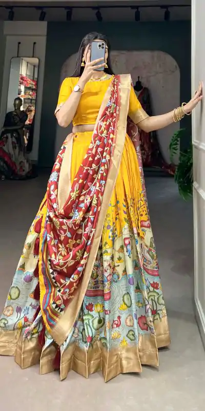 LNB1 2027 Yellow Color Dola Silk Kalamkari Printed Lehenga Choli Traditional Wear, Festive, Party, Wedding, Events etc. Expected 4-6 Working Days @1899/- | Bollywood Lehenga, Creative Lehenga, Designer Lehenga, Embroidered Lehenga, Lehenga, Party Wear Lehenga