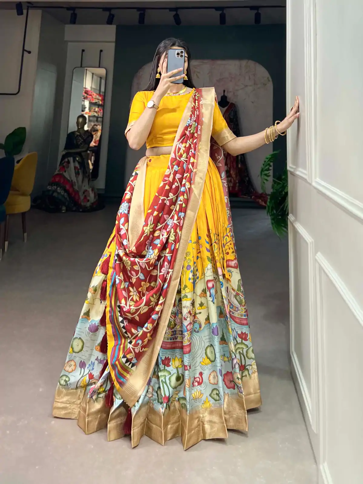 LNB1 2027 Yellow Color Dola Silk Kalamkari Printed Lehenga Choli Traditional Wear, Festive, Party, Wedding, Events etc. Expected 4-6 Working Days @1899/- | Bollywood Lehenga, Creative Lehenga, Designer Lehenga, Embroidered Lehenga, Lehenga, Party Wear Lehenga