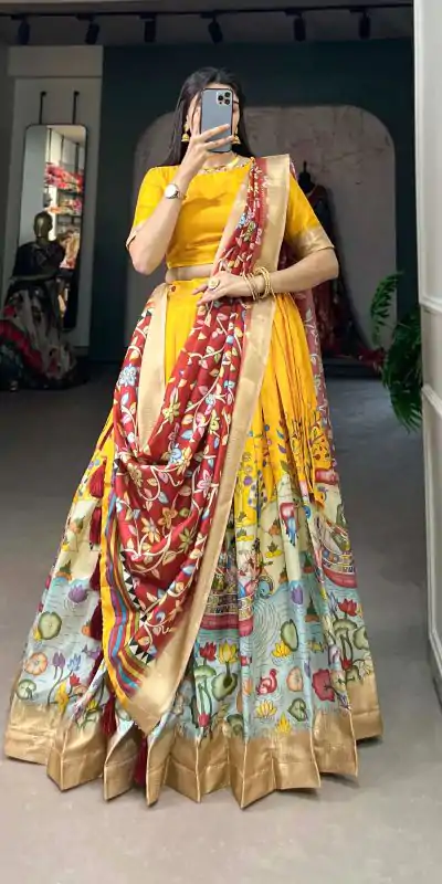 LNB1 2027 Yellow Color Dola Silk Kalamkari Printed Lehenga Choli Traditional Wear, Festive, Party, Wedding, Events etc. Expected 4-6 Working Days @1899/- | Bollywood Lehenga, Creative Lehenga, Designer Lehenga, Embroidered Lehenga, Lehenga, Party Wear Lehenga