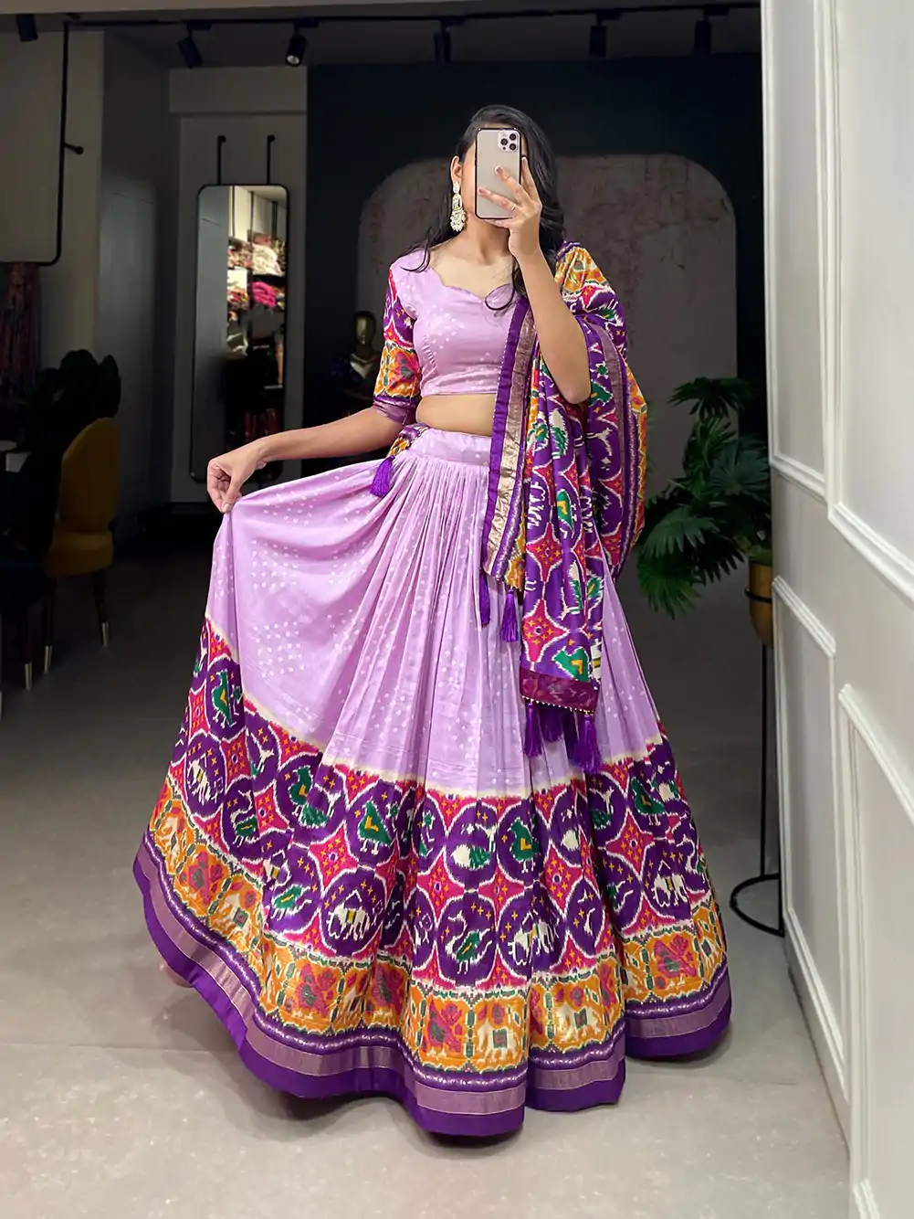LNB 1684 Lavender Color Tussar Silk Patola Printed Lehenga Cho Festive Party Wedding, Events etc. Delivery 4-6 Working Days @2549/- | Creative Lehenga, Bollywood Lehenga, Designer Lehenga, Embroidered Lehenga, Lehenga, Party Wear Lehenga