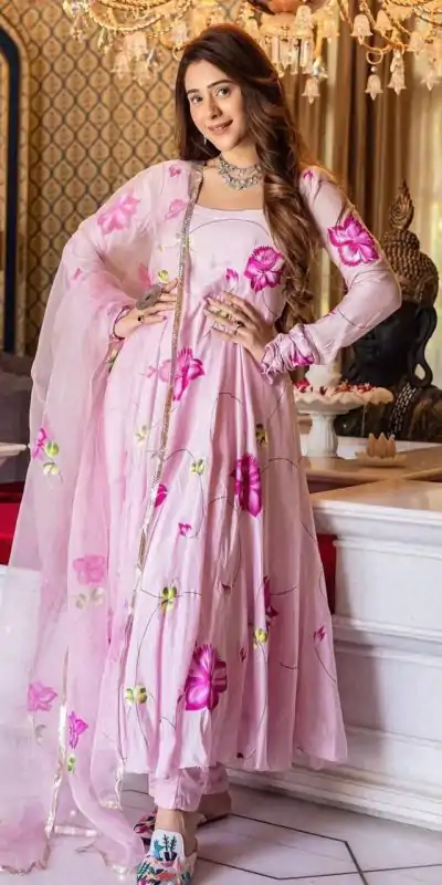 ST 1019 Pink Color Satin Georgette With Digital Print Anarkali Suit Casual, Wedding, Party, Festive, Events Etc. Expected Delivery 4-6 Working Days @1399/- | Anarkali Suits, Bollywood Anarkali, Creative-Anarkali, Designer Anarkali, Embroidered Anarkali, Party Wear Anarkali