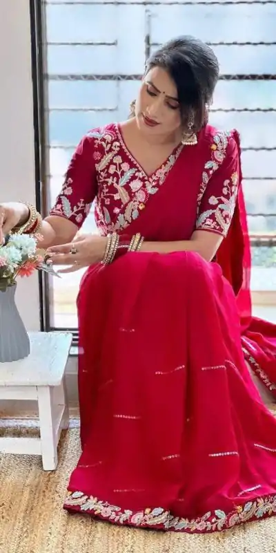 BT 3107 Red Color Rangoli Silk Beautiful Embroidery Saree Casual, Party Wear, Traditional Wear, Wedding Wear, Events Etc.@2099/- | Bollywood Sarees, Creative Sarees, Designer Sarees, Ethnic Saree, Modern Digital sarees, Party Wear Sarees, Sarees