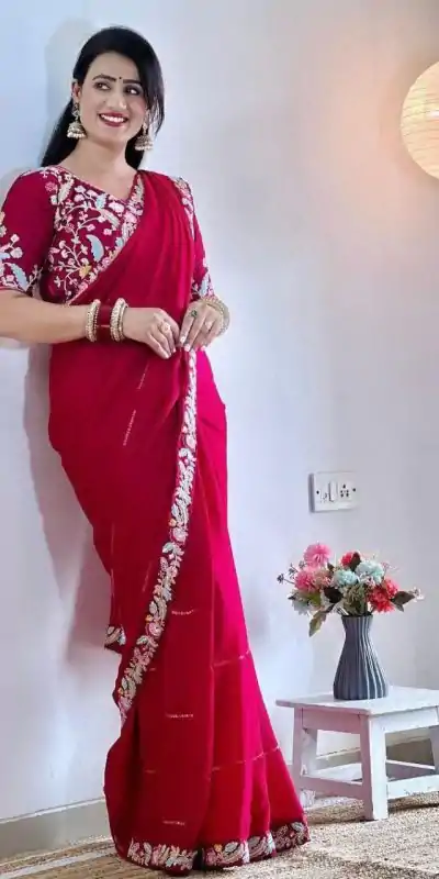 BT 3107 Red Color Rangoli Silk Beautiful Embroidery Saree Casual, Party Wear, Traditional Wear, Wedding Wear, Events Etc.@2099/- | Bollywood Sarees, Creative Sarees, Designer Sarees, Ethnic Saree, Modern Digital sarees, Party Wear Sarees, Sarees