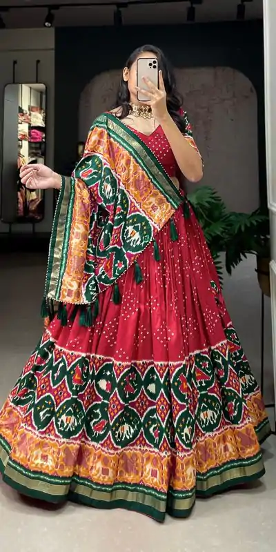 LNB 1684 Red Color Tussar Silk Patola Printed Lehenga Cho Festive Party Wedding, Events etc. Delivery 4-6 Working Days @2549/- | Bollywood Lehenga, Creative Lehenga, Designer Lehenga, Embroidered Lehenga, Lehenga, Party Wear Lehenga