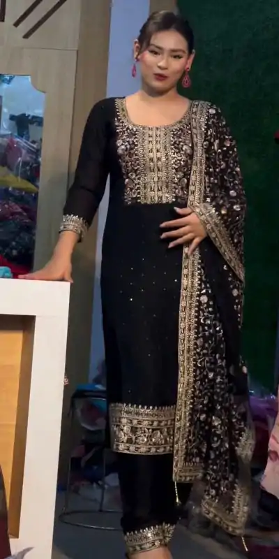 SRK 5178 Black Color Chinnon Silk Embroidery Sequence Salwar Suit Wedding, Party, Festive, Events Expected Delivery 4-6 Working Days @ 2099/- | Casual Suits, Jump Suits, Creative suits, Designer Suits, Palazzo Suits, Party Wear Suits, Patiala Suits, Salwar suit, Straight Suits