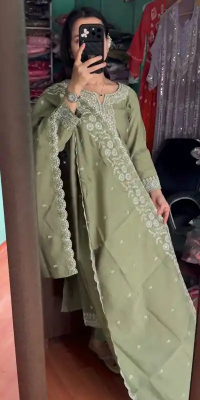 SRK 5178 Mehndi Color Chinnon Silk Embroidery Sequence Salwar Suit Wedding, Party, Festive, Events Expected Delivery 4-6 Working Days @ 2099/- | Casual Suits, Jump Suits, Creative suits, Designer Suits, Palazzo Suits, Party Wear Suits, Patiala Suits, Salwar suit, Straight Suits