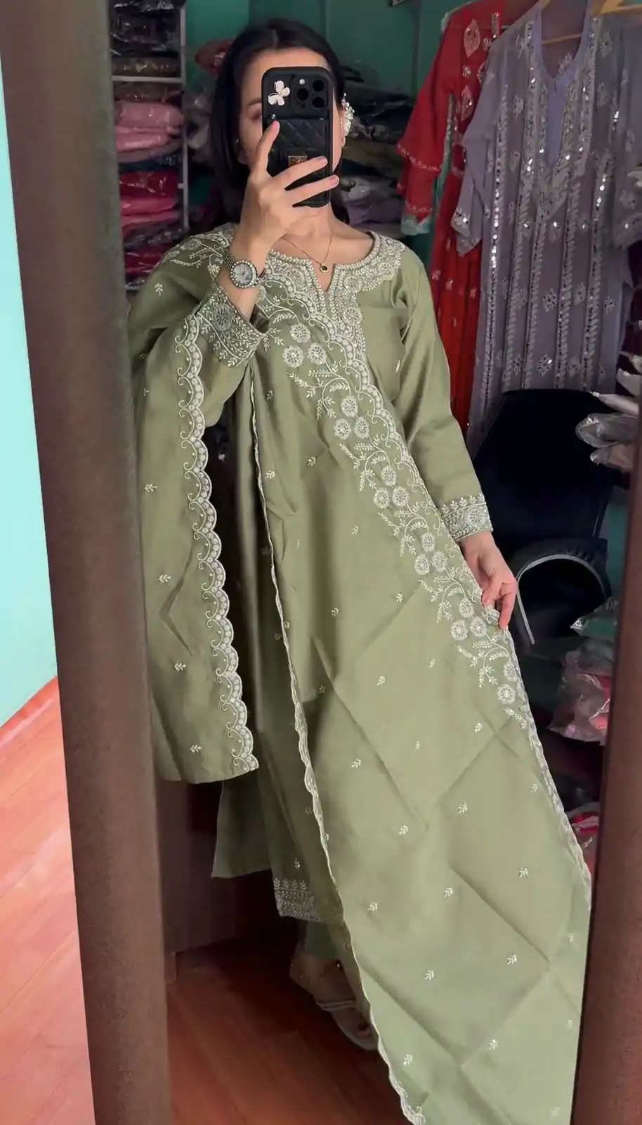 SRK 5178 Mehndi Color Chinnon Silk Embroidery Sequence Salwar Suit Wedding, Party, Festive, Events Expected Delivery 4-6 Working Days @ 2099/- | Casual Suits, Jump Suits, Creative suits, Designer Suits, Palazzo Suits, Party Wear Suits, Patiala Suits, Salwar suit, Straight Suits