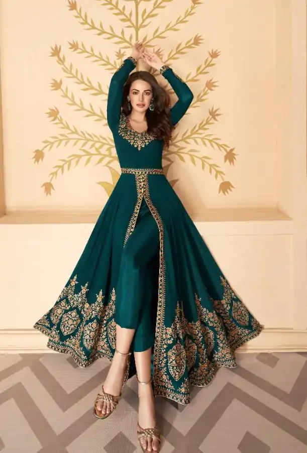 FC ASHIRWAD 7216 Peacock Green Color Georgette Embroidery Sharara Suit Wedding, Party, Festive Expected Delivery 4-6 Working Days  @2299/- | Casual Suits, Jump Suits, Creative suits, Designer Suits, Palazzo Suits, Party Wear Suits, Patiala Suits, Salwar suit, Straight Suits