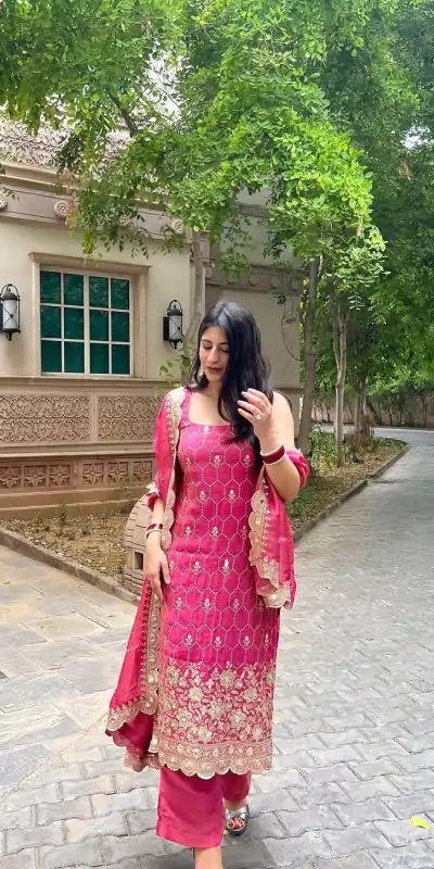 SR 1630 Pink Color Chinnon Silk Embroidery Work Sharara Suit Wedding, Party, Festive, Events Etc. Expected Delivery 4-6 Working Days @1949 | Casual Suits, Creative suits, Designer Suits, Palazzo Suits, Party Wear Suits, Salwar suit, Straight Suits