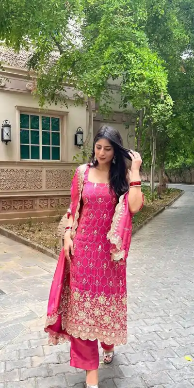 SR 1630 Pink Color Chinnon Silk Embroidery Work Sharara Suit Wedding, Party, Festive, Events Etc. Expected Delivery 4-6 Working Days @1949 | Casual Suits, Creative suits, Designer Suits, Palazzo Suits, Party Wear Suits, Salwar suit, Straight Suits