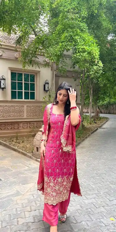 SR 1630 Pink Color Chinnon Silk Embroidery Work Sharara Suit Wedding, Party, Festive, Events Etc. Expected Delivery 4-6 Working Days @1949 | Casual Suits, Creative suits, Designer Suits, Palazzo Suits, Party Wear Suits, Salwar suit, Straight Suits