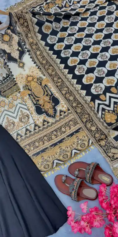 AD 166 Black Color Chinon Silk Digital Printed Work Sharara Suit Casual, Wedding, Party, Festive, Events Etc. Expected Delivery 4-6 Working Days @1949/- | Casual Suits, Jump Suits, Creative suits, Designer Suits, Palazzo Suits, Party Wear Suits, Patiala Suits, Salwar suit, Straight Suits