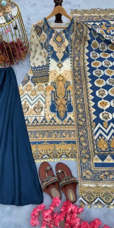 AD 166 Blue Color Chinon Silk Digital Printed Work Sharara Suit Casual, Wedding, Party, Festive, Events Etc. Expected Delivery 4-6 Working Days @1949/- | Casual Suits, Jump Suits, Creative suits, Designer Suits, Palazzo Suits, Party Wear Suits, Patiala Suits, Salwar suit, Straight Suits