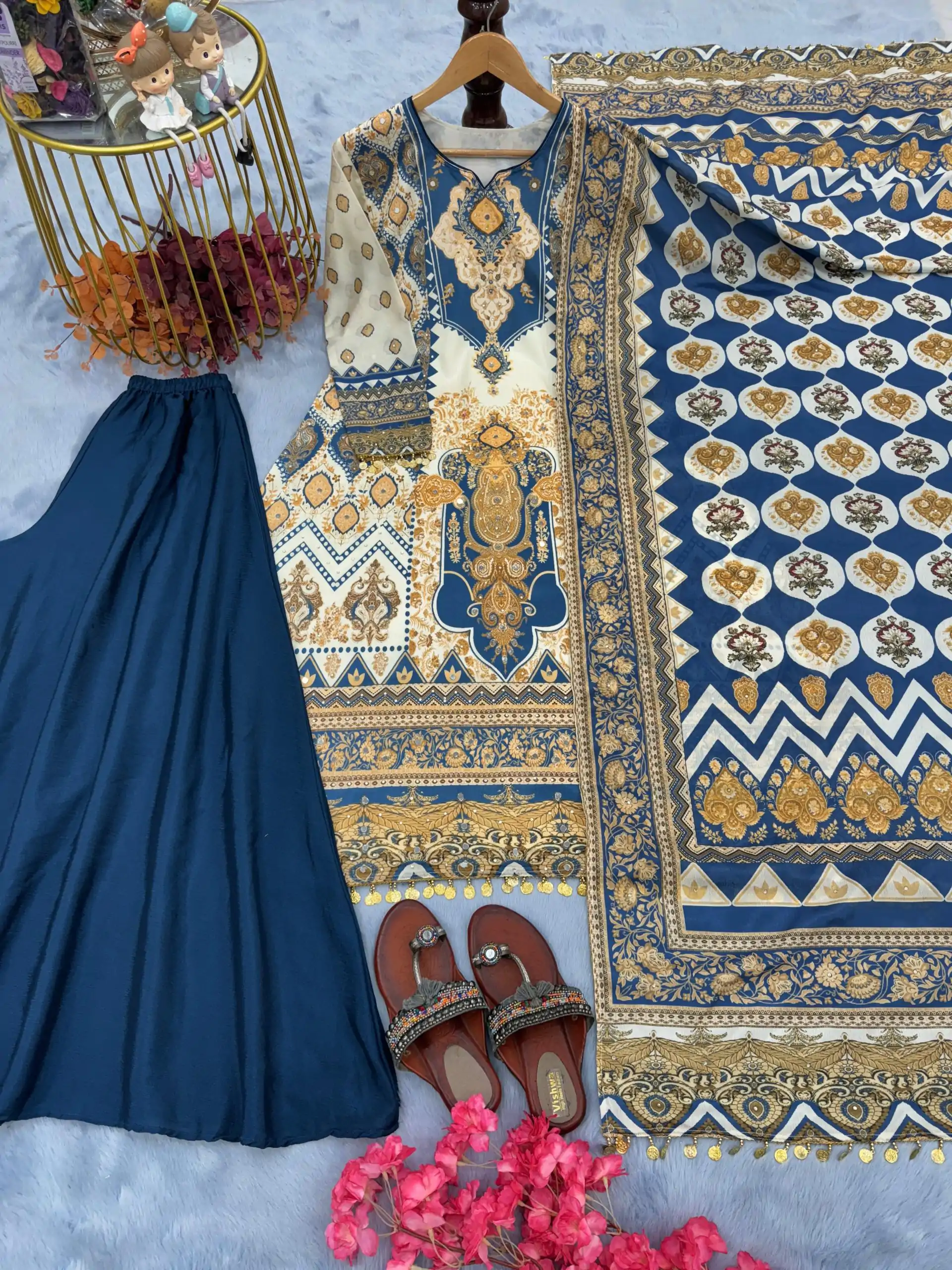 AD 166 Blue Color Chinon Silk Digital Printed Work Sharara Suit Casual, Wedding, Party, Festive, Events Etc. Expected Delivery 4-6 Working Days @1949/- | Casual Suits, Jump Suits, Creative suits, Designer Suits, Palazzo Suits, Party Wear Suits, Patiala Suits, Salwar suit, Straight Suits