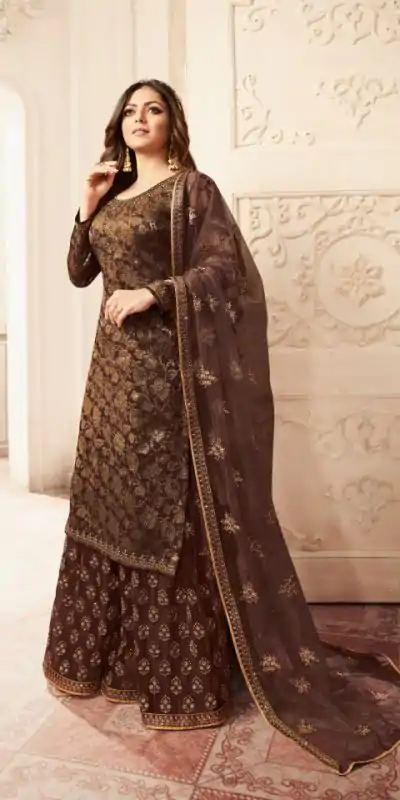 FC L.t 5406 Coffee Color Jacquard Silk Georgette Diamond Sharara Suit Wedding, Party, Festive Expected Delivery 4-6 Working Days  @2999/- | Casual Suits, Jump Suits, Creative suits, Designer Suits, Palazzo Suits, Party Wear Suits, Patiala Suits, Salwar suit, Straight Suits