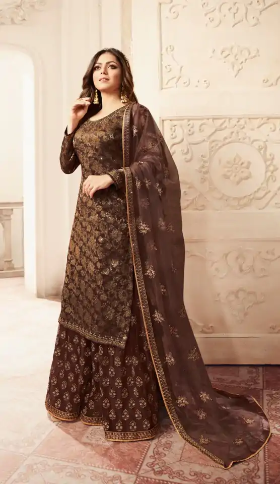 FC L.t 5406 Coffee Color Jacquard Silk Georgette Diamond Sharara Suit Wedding, Party, Festive Expected Delivery 4-6 Working Days  @2999/- | Casual Suits, Jump Suits, Creative suits, Designer Suits, Palazzo Suits, Party Wear Suits, Patiala Suits, Salwar suit, Straight Suits
