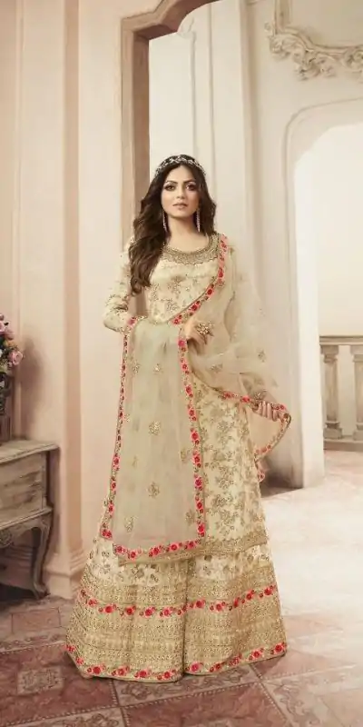 FC L.t 5404 Cream Color Jacquard Silk Georgette Diamond Sharara Suit Wedding, Party, Festive Expected Delivery 4-6 Working Days @2999/- | Casual Suits, Jump Suits, Creative suits, Designer Suits, Palazzo Suits, Party Wear Suits, Patiala Suits, Salwar suit, Straight Suits