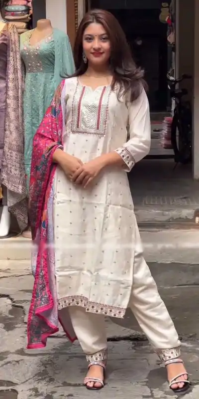 SRK 474 White Color Chinnon Silk Malty Thread Embroidery Salwar Suit Wedding, Party, Festive, Events Expected Delivery 4-6 Working Days @ 1849/- | Casual Suits, Jump Suits, Creative suits, Designer Suits, Palazzo Suits, Party Wear Suits, Patiala Suits, Salwar suit, Straight Suits