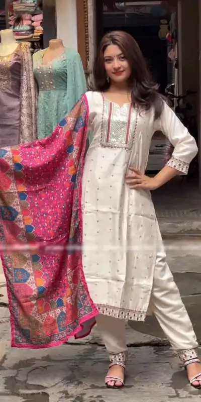 SRK 474 White Color Chinnon Silk Malty Thread Embroidery Salwar Suit Wedding, Party, Festive, Events Expected Delivery 4-6 Working Days @ 1849/- | Casual Suits, Jump Suits, Creative suits, Designer Suits, Palazzo Suits, Party Wear Suits, Patiala Suits, Salwar suit, Straight Suits