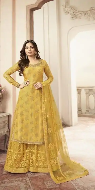 FC L.t 5405 Yellow Color Jacquard Silk Georgette Diamond Sharara Suit Wedding, Party, Festive Expected Delivery 4-6 Working Days  @2999/- | Casual Suits, Jump Suits, Creative suits, Designer Suits, Palazzo Suits, Party Wear Suits, Patiala Suits, Salwar suit, Straight Suits