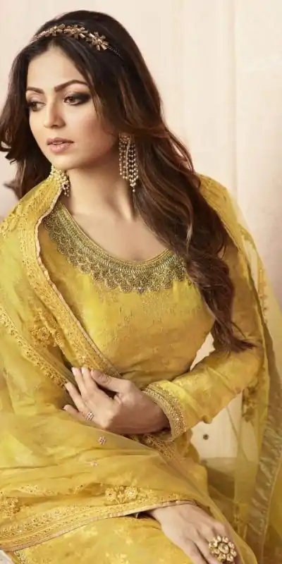 FC L.t 5405 Yellow Color Jacquard Silk Georgette Diamond Sharara Suit Wedding, Party, Festive Expected Delivery 4-6 Working Days  @2999/- | Casual Suits, Jump Suits, Creative suits, Designer Suits, Palazzo Suits, Party Wear Suits, Patiala Suits, Salwar suit, Straight Suits