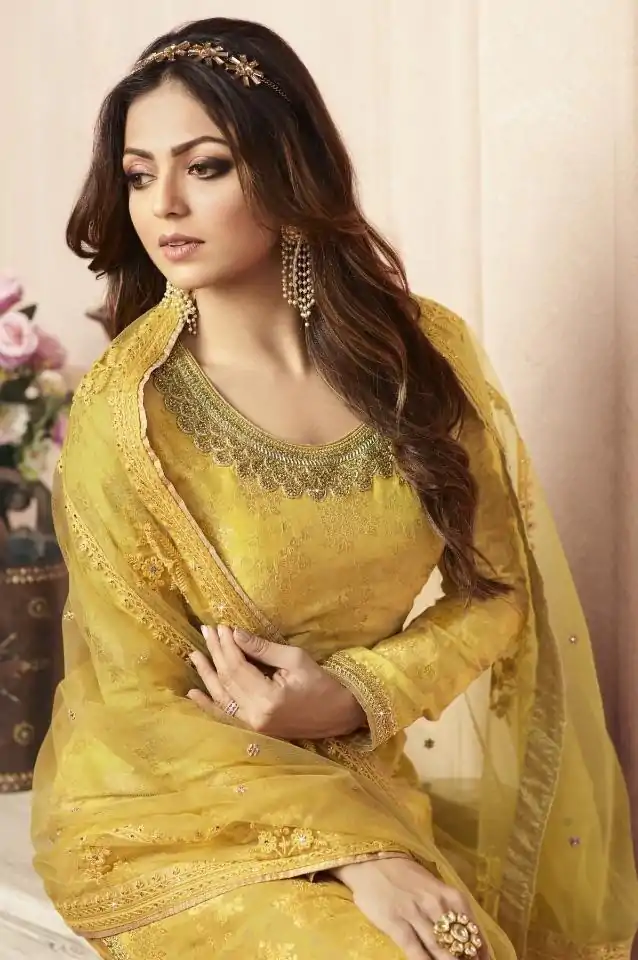 FC L.t 5405 Yellow Color Jacquard Silk Georgette Diamond Sharara Suit Wedding, Party, Festive Expected Delivery 4-6 Working Days  @2999/- | Casual Suits, Jump Suits, Creative suits, Designer Suits, Palazzo Suits, Party Wear Suits, Patiala Suits, Salwar suit, Straight Suits
