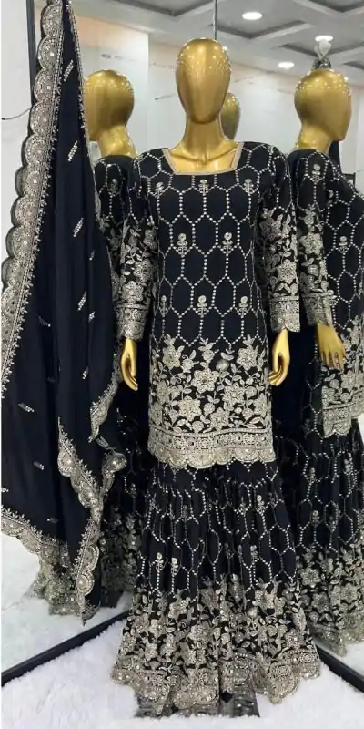 SR 1616 Black Color Heavy Chinnon Silk Embroidery Work Sharara Suit Wedding, Party, Festive, Events Etc. Expected Delivery 4-6 Working Days @2199Only | Casual Suits, Creative suits, Designer Suits, Palazzo Suits, Party Wear Suits, Salwar suit, Straight Suits